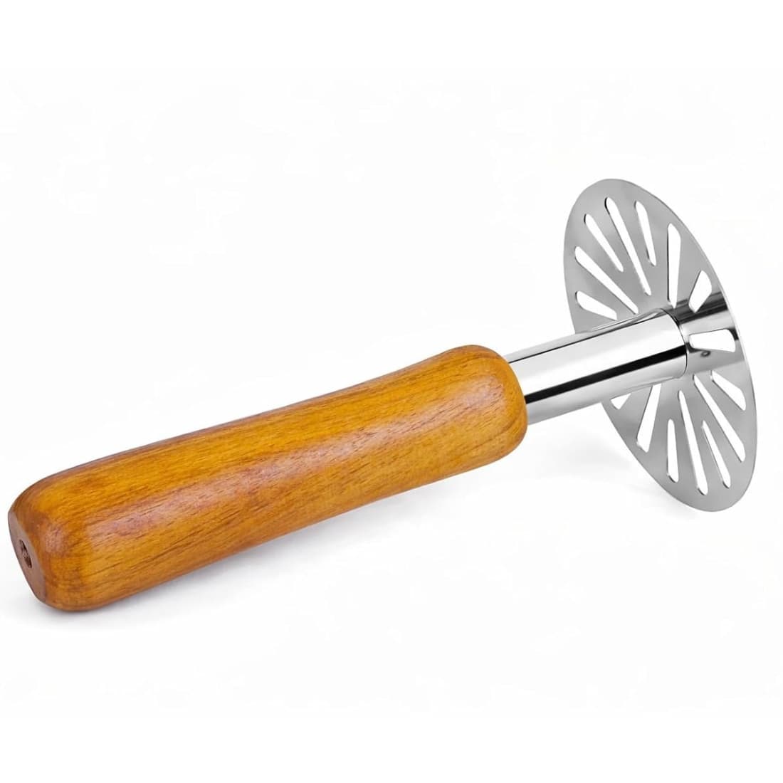 Stainless Steel Potato Masher with Wooden Handle – Heavy Duty Vegetable & Pav Bhaji Masher for Kitchen (Pack of 1)