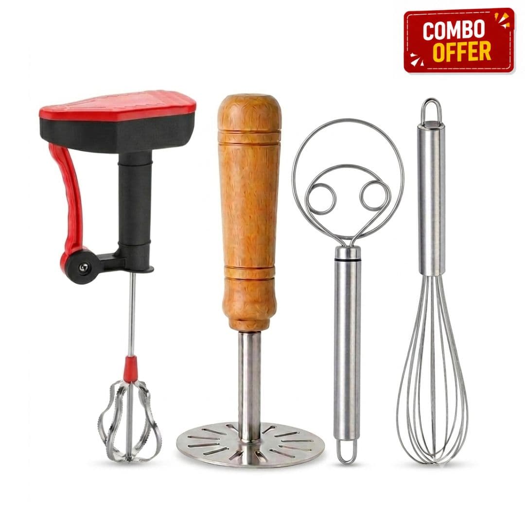 4-in-1 Kitchen Essential Combo – Manual Hand Blender, Potato Masher, Balloon Whisk & Dough Mixing Whisk