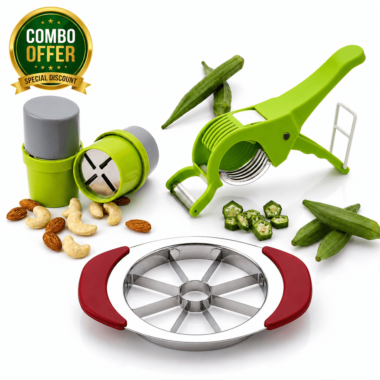 3-in-1 Kitchen Cutting Combo – Apple Cutter, Dry Fruit Cutter & Multi-Purpose Vegetable Cutter with Peeler