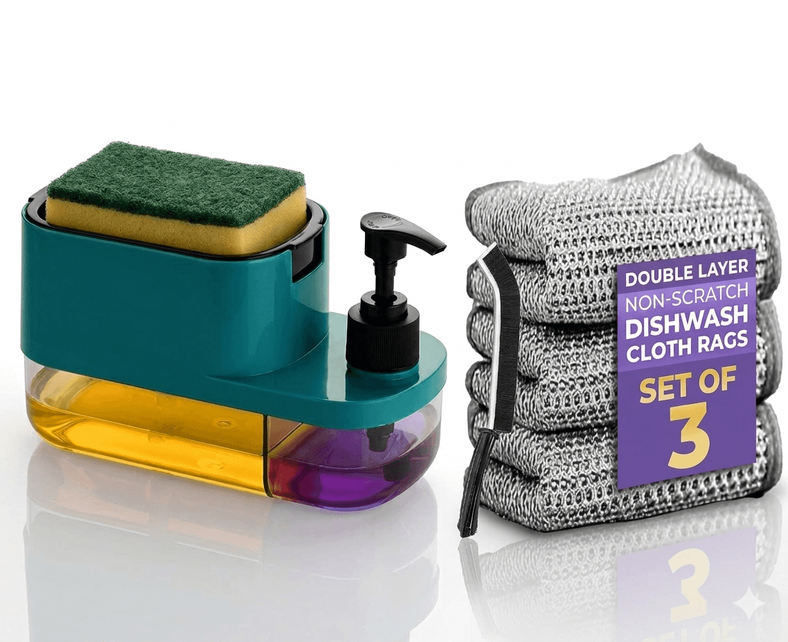 3-in-1 Kitchen Cleaning Combo – Soap Dispenser with Sponge Holder, Double Layer Non-Scratch Dishwash Cloth (Set of 3) & Gap Cleaning Brush
