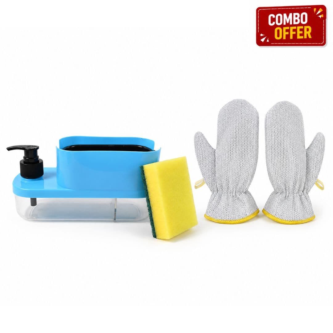 3-in-1 Soap Dispenser with Sponge Holder & Stainless Steel Dishwashing Gloves (1 Pair)