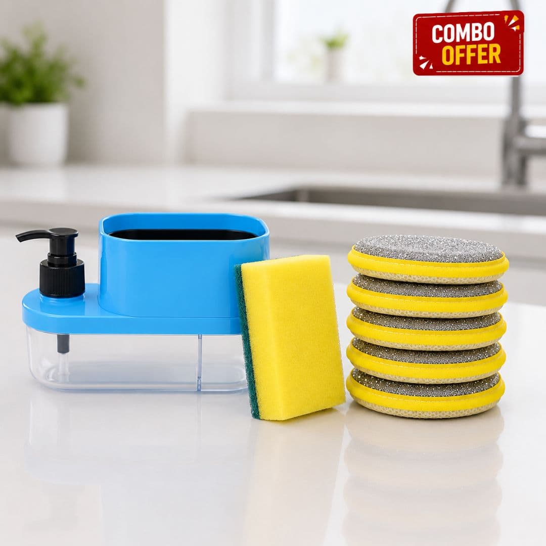 3-in-1 Soap Dispenser with Sponge Holder & Double-Sided Wire Sponge Soft Dish Cloth (Pack of 5)
