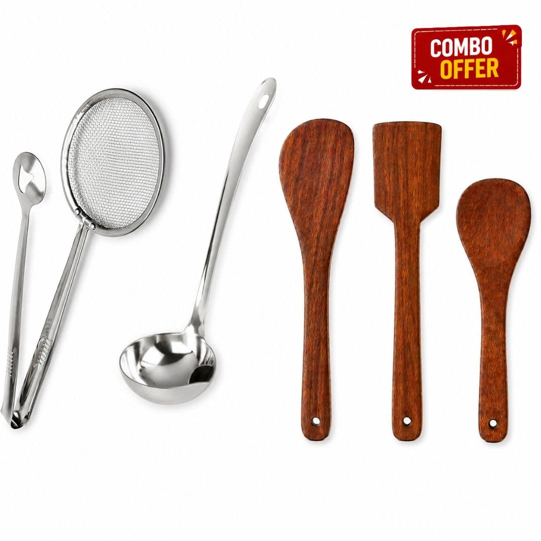 Oil Separator Spoon, Wooden Ladle Set (3 Pieces) & Stainless Steel Frying Strainer with Clip