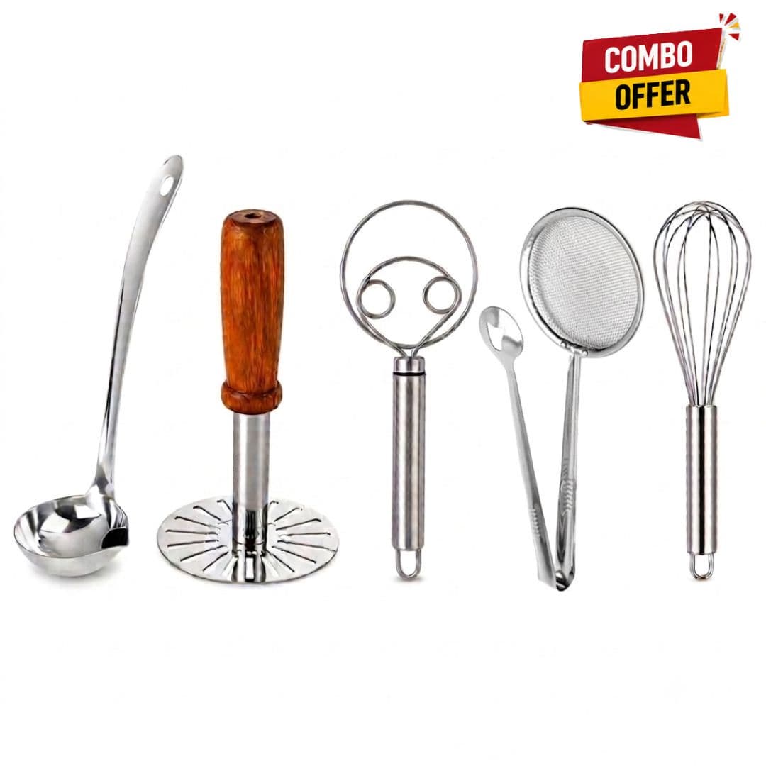 Oil Separator Spoon, Potato Masher, Dough Whisk, Stainless Steel Filter Spoon with Clip & Stainless Steel Whisk