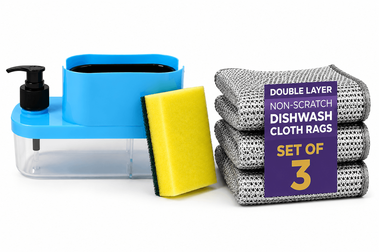 3-in-1 Soap Dispenser with Sponge Holder & Double Layer Non-Scratch Dishwash Cloth Combo