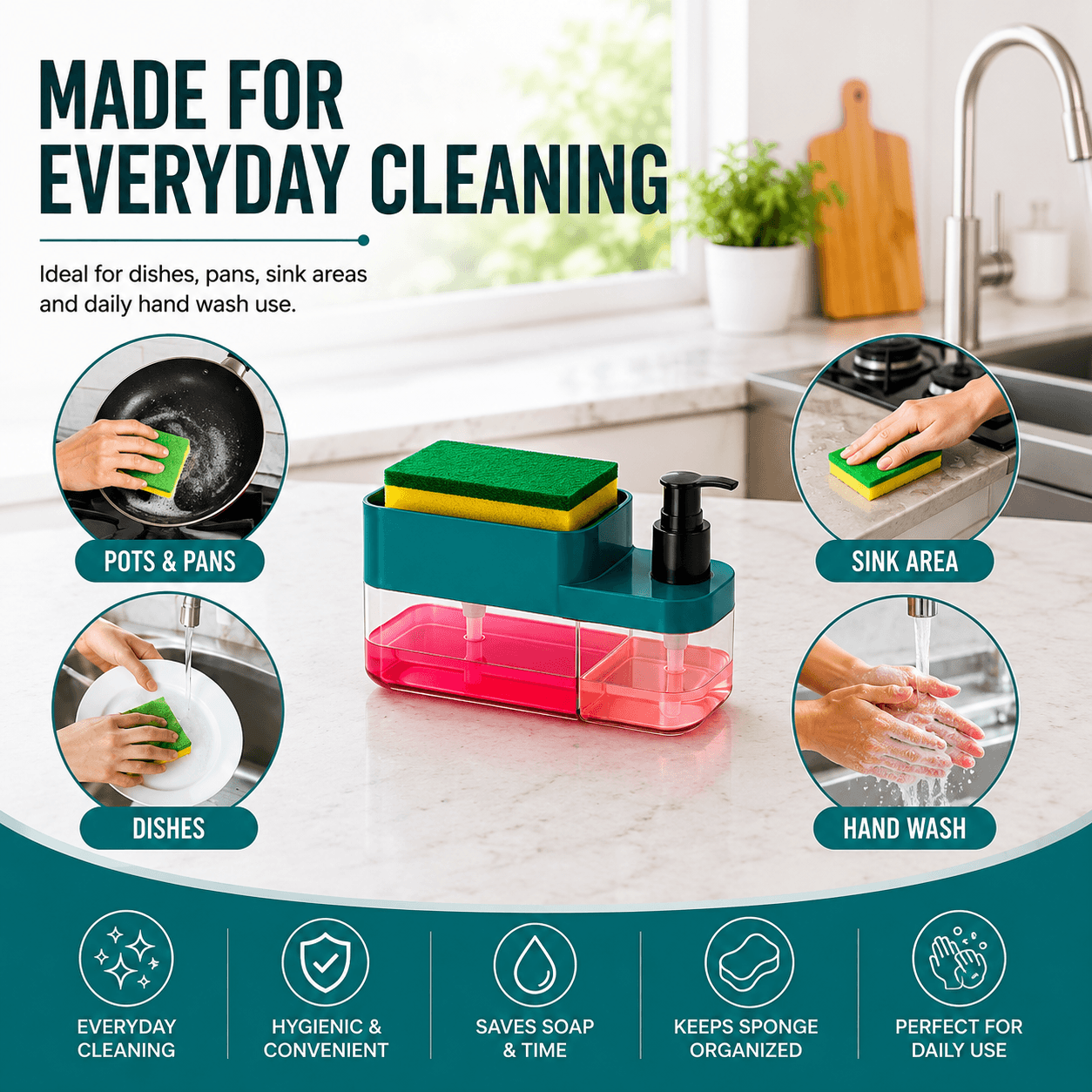 3-in-1 Kitchen Soap Dispenser with Sponge Holder & Liquid Dish Wash Pump – Kitchen Sink Organizer (Multicolor) detail 3