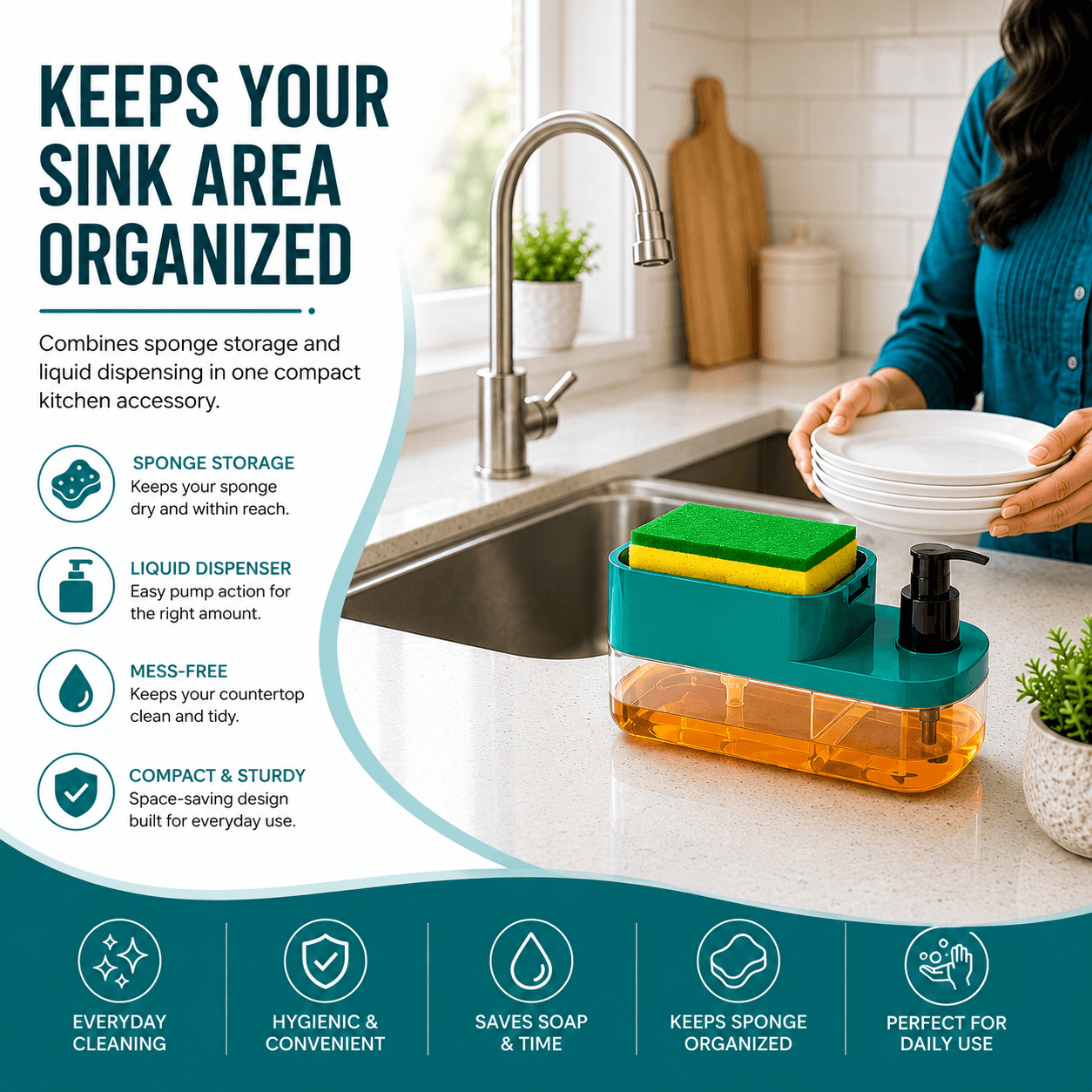 3-in-1 Kitchen Soap Dispenser with Sponge Holder & Liquid Dish Wash Pump – Kitchen Sink Organizer (Multicolor) detail 5